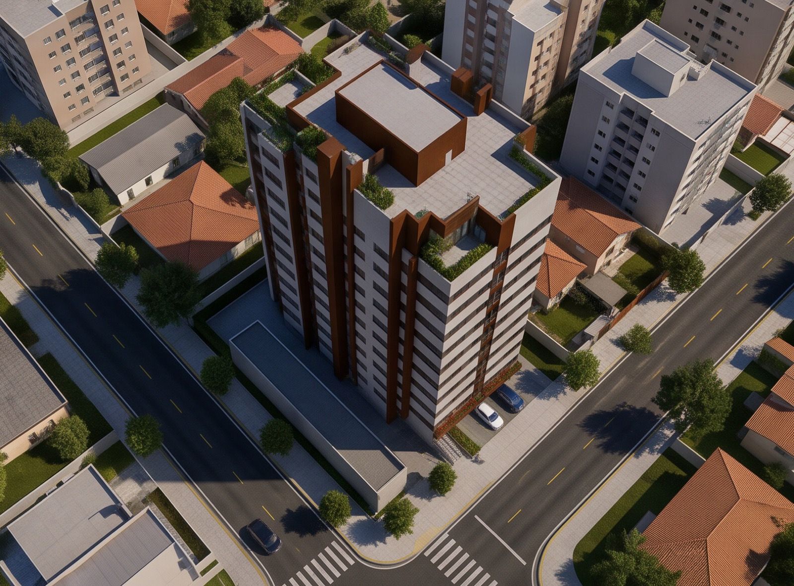 Vista aérea do Longevita, torre em meio ao bairro, em Piracicaba