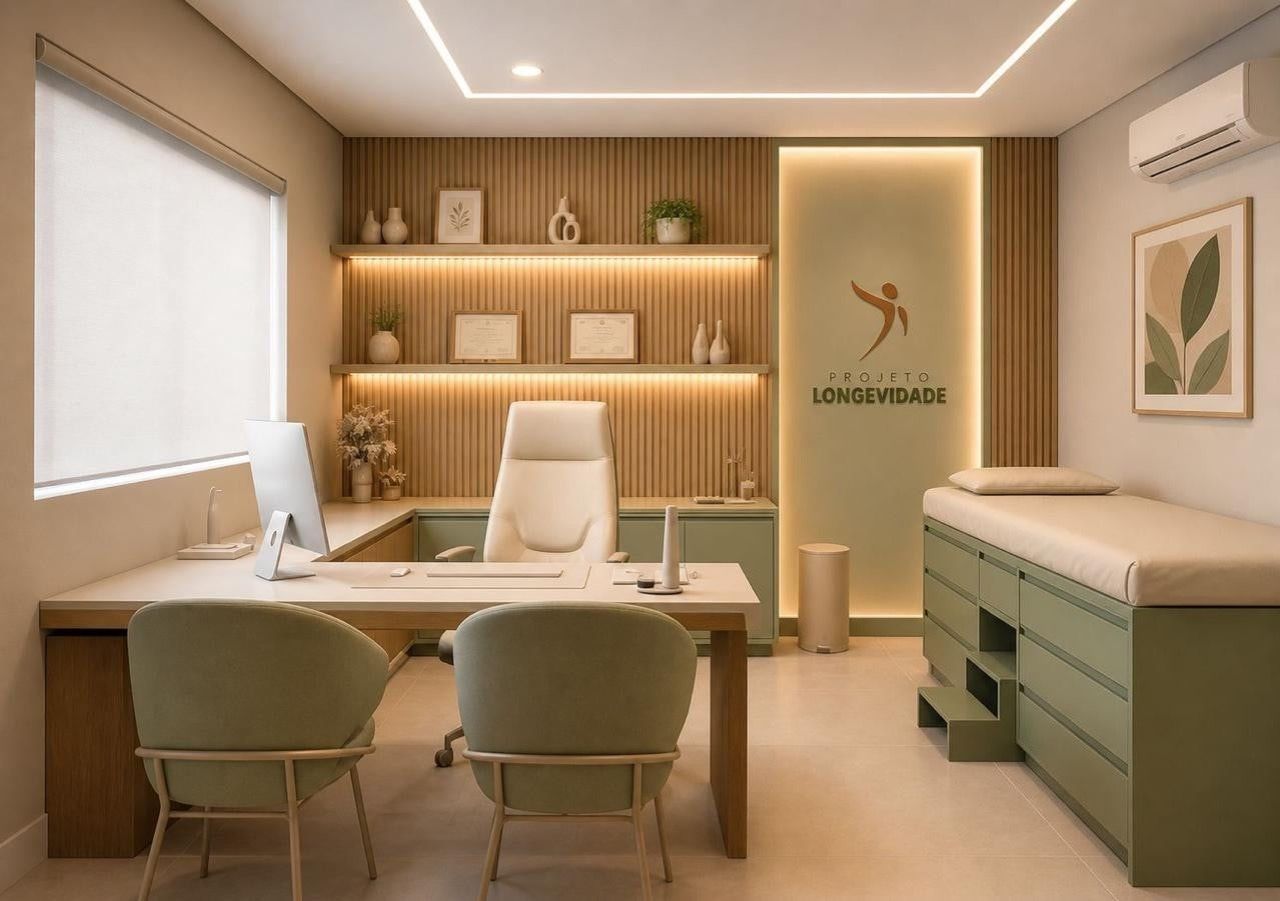 Consultório com mesa, maca e painel de madeira