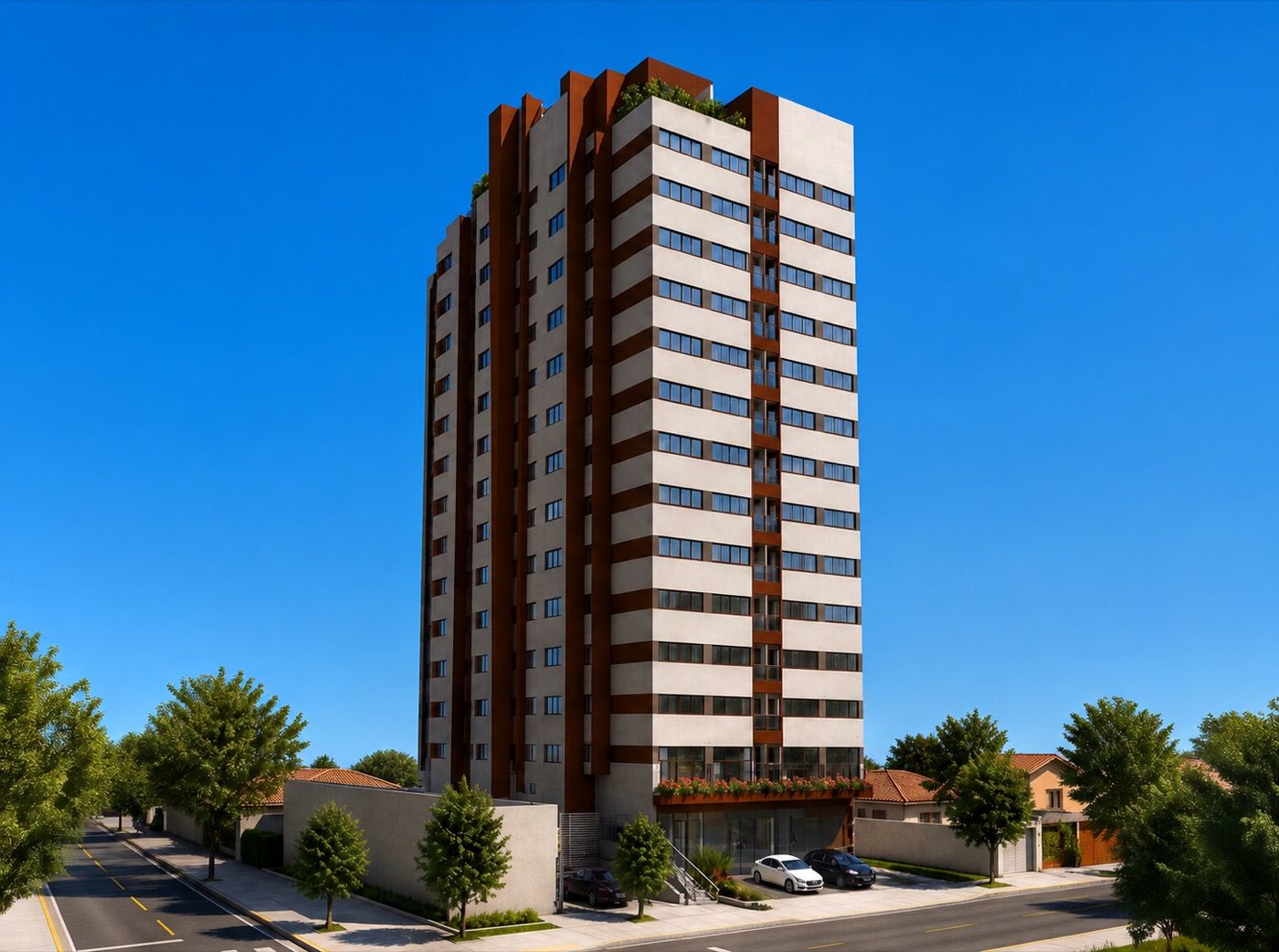 Fachada do Longevita com faixas em cor de aço corten